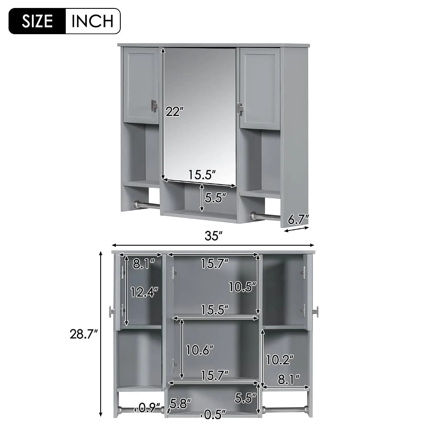 35" Bathroom Medicine Cabinet with Mirror & 2 Towel Bars, Gray, Customized