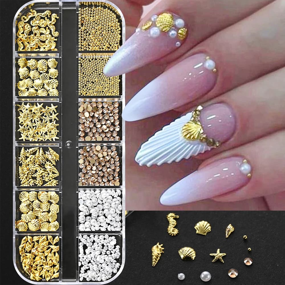 12Grids Ocean Gold Nail Art Charms Shell/Seahorse/Starfish White Half Round Pearl Gems 3D Mixed Punk Manicure Metal Rivets Studs