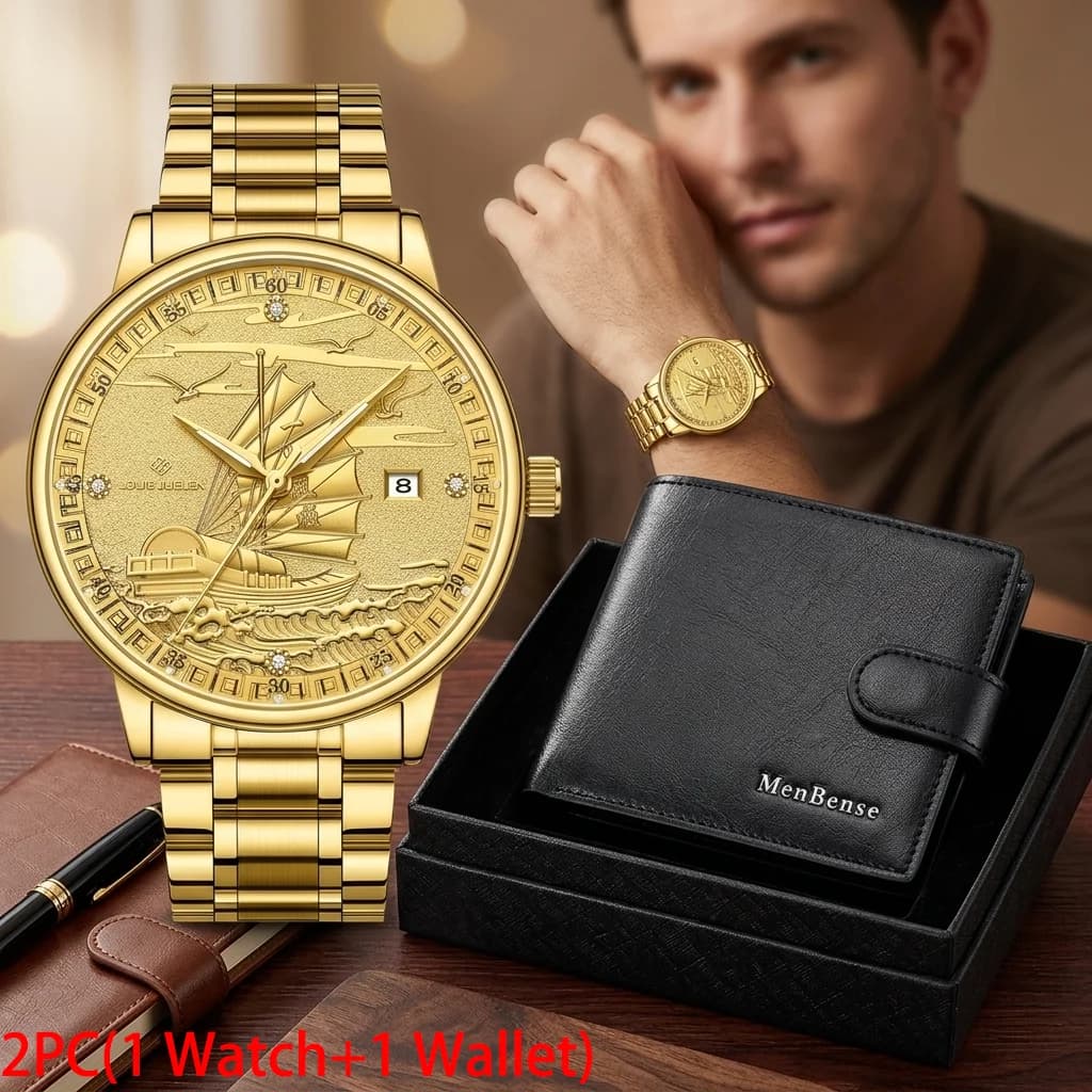 2PC(1 Watch and 1 Wallet),Stylish Luxurious Business Casual Party Travel Boutique Men's Watch with Calendar And Luminous,And Rectangular Tri-fold Wallet for Birthdays,Anniversaries,Family,Friends Gift