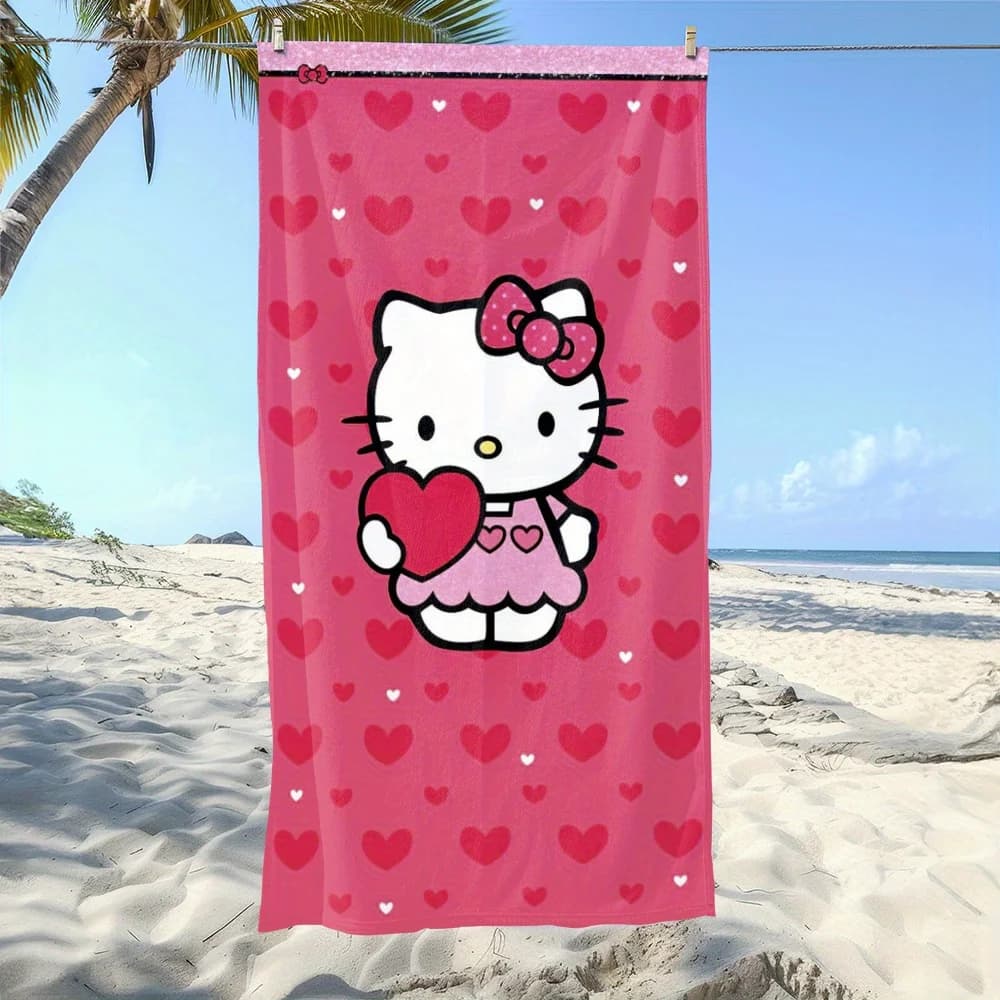 Asciugamano da spiaggia Sanrio Hello Kitty Heart - Poliestere, leggero, ad asciugatura rapida, morbido, unisex, per nuoto, viaggi, campeggio, surf