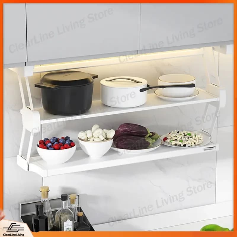 Stainless Steel Pull Down Hanging Kitchen Shelf Folding Vegetable Rack Multi Layer Storage Organizer for Spices Seasonings