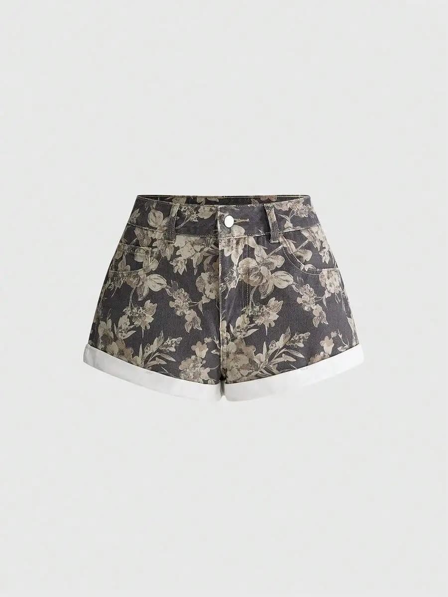 Women Denim Shorts With Floral Print High Waist Cuffed Hem Casual Summer Style