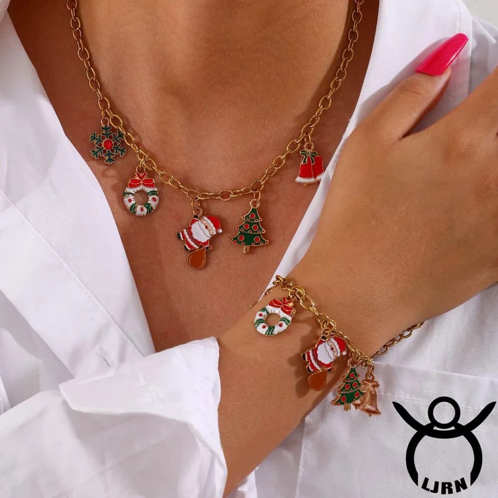 2025 Nuovo set di bracciali con collana in acciaio al titanio placcato color oro in metallo Natale Babbo Natale Set di gioielli da neve per donna