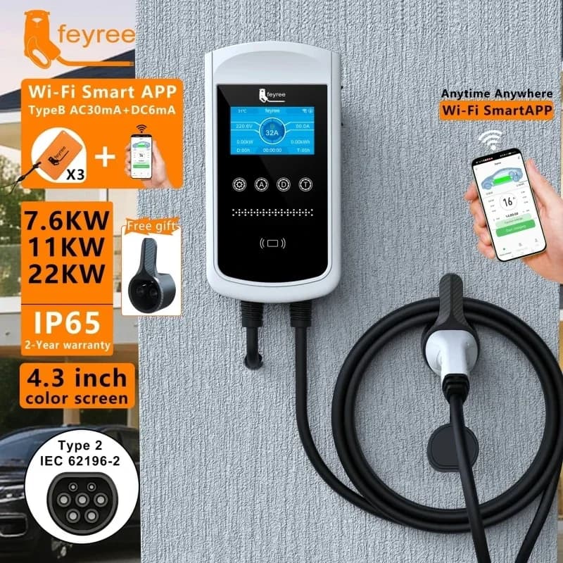 Feyree Type2 EV Charger 32A 7.6KW Charging Station Car Charger 11KW 22KW 3 Steps EVSE Wallbox 4.3 Inch Screen Intelligent Control APP