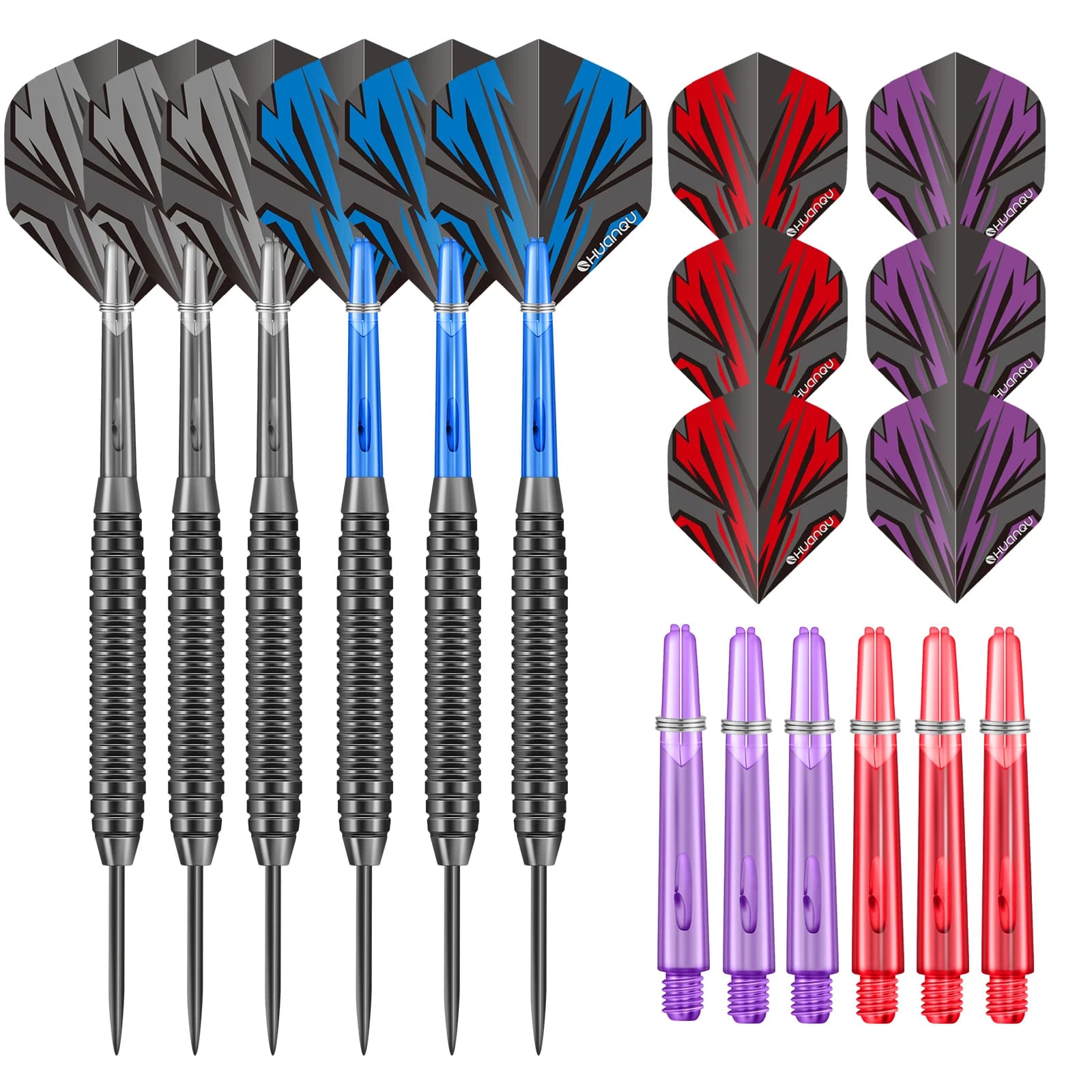 HUANQU 19g Steel Tip Darts Set Professional Darts with Textured Grip Barrel Replaceable Shafts Flights Case for Dartboard Game