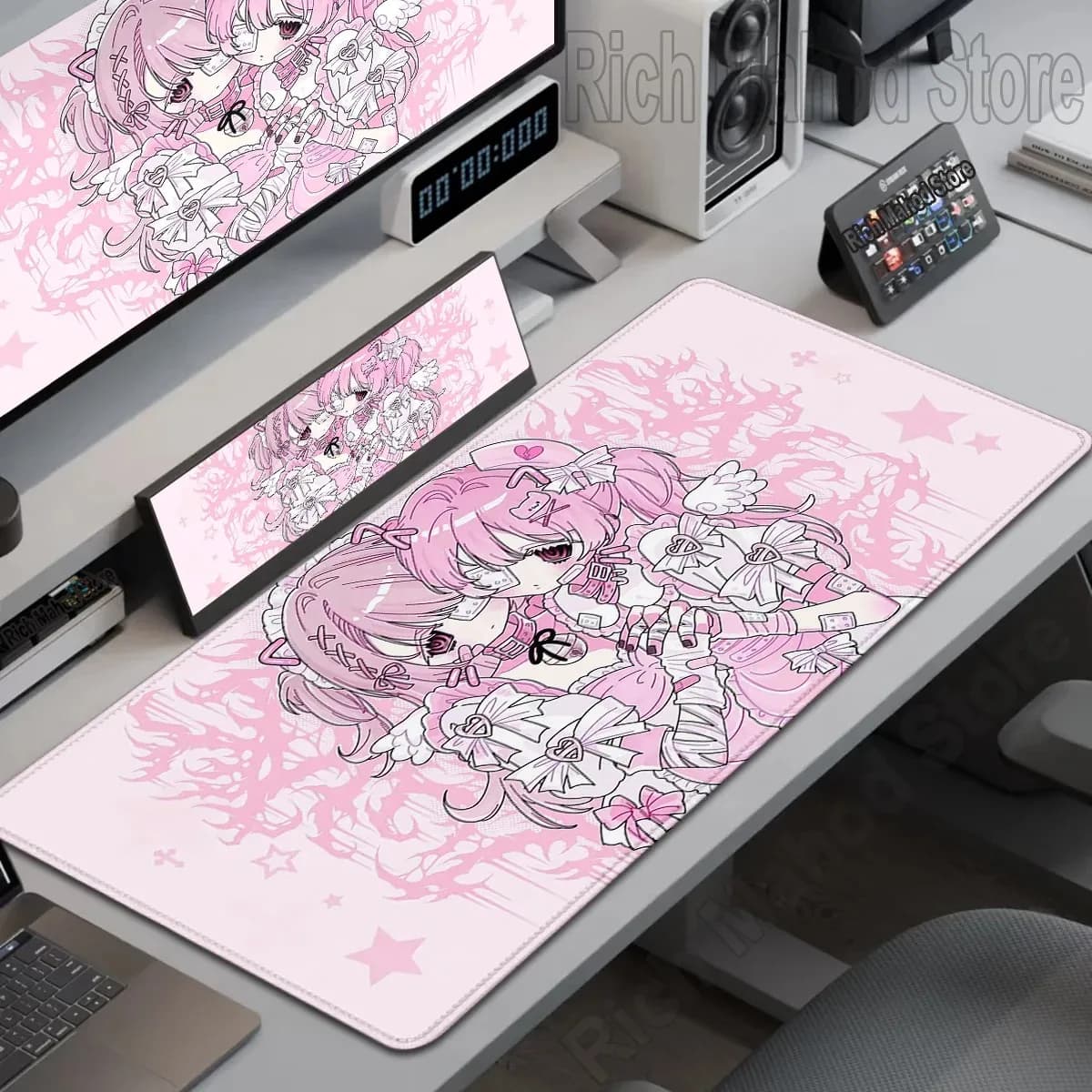 Tappetino per mouse grande VIKAMA Pink Yami Kawaii Anime Girl, stile Dark Cute, antiscivolo con bordo cucito, per tastiera da gaming