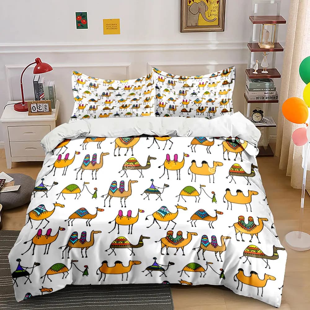 Set copripiumino con motivo cammelli dei cartoni animati, stampa digitale, biancheria da letto in poliestere colorato con chiusura a cerniera, per regali per bambini