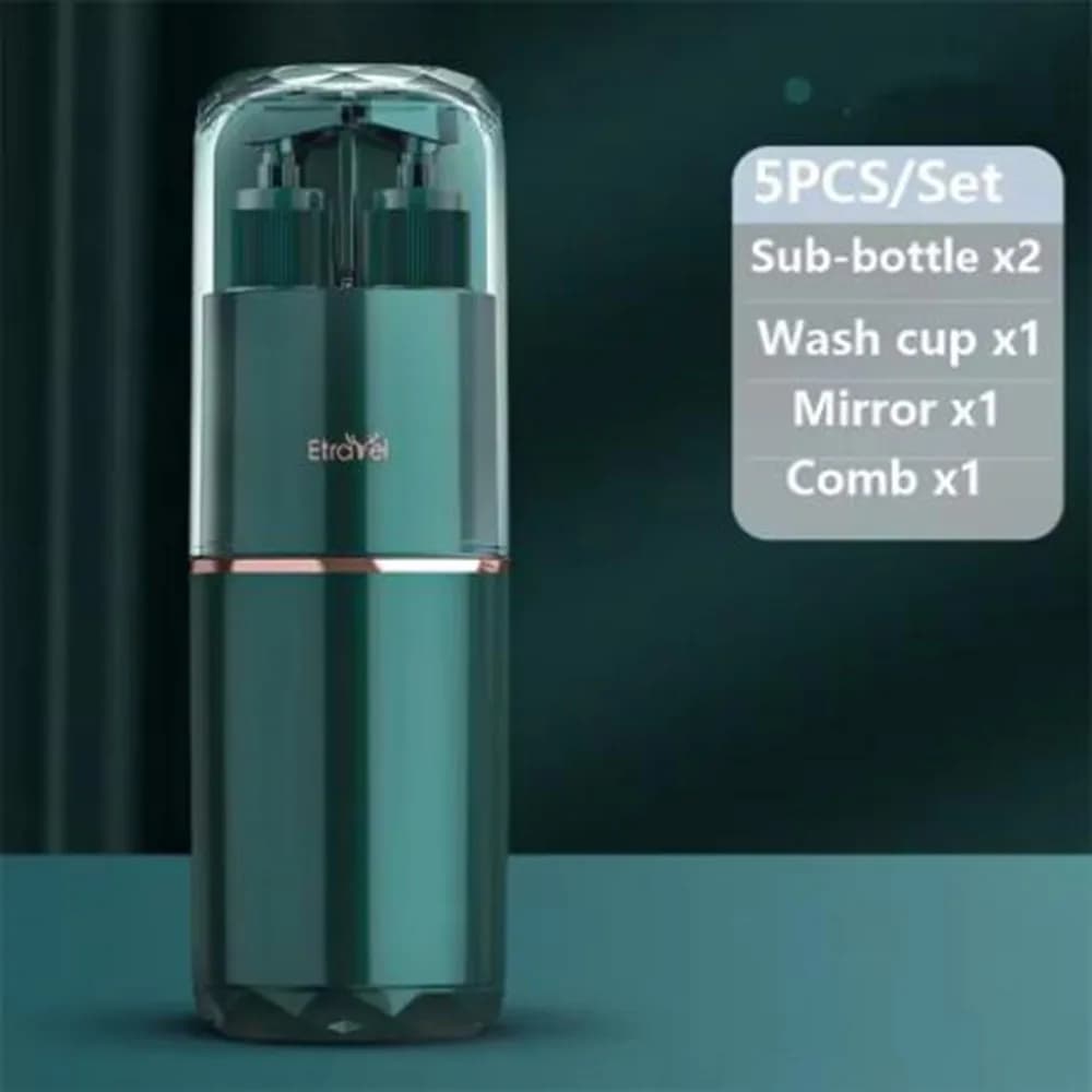 Set di lavaggio da viaggio in plastica sigillato con tazza di lavaggio, dentifricio, shampoo, bottiglia di stoccaggio, scatola di immagazzinaggio per spazzolino a prova di caduta, bagno
