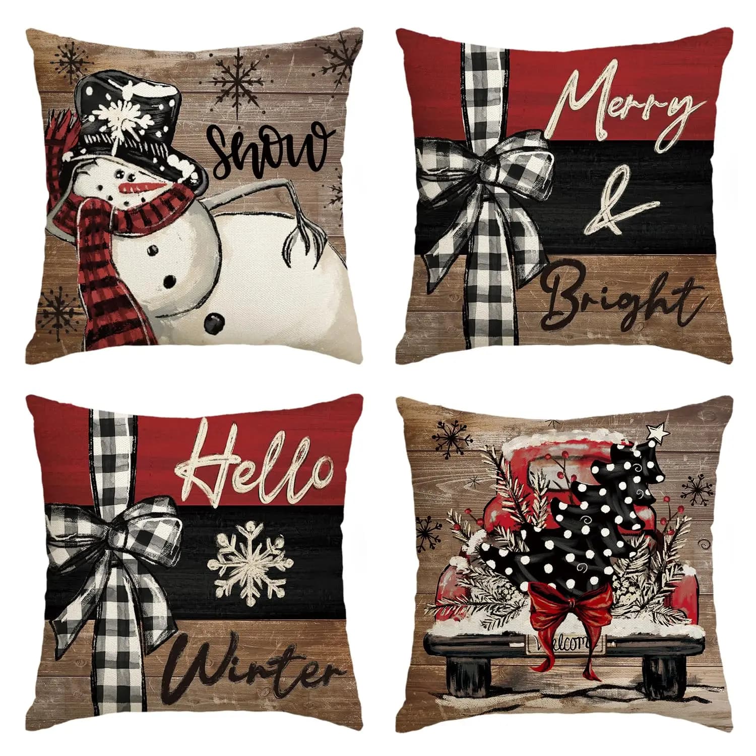 Merry Christmas Snowman Throw Pillow Cover,Xmas Trees Hello Winter Holiday Wood Grain Truck Cushion Case Decor for Sofa Set of 4