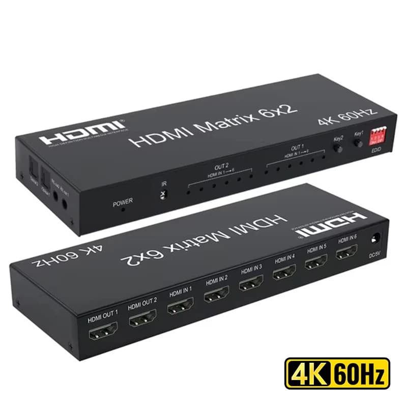 HDMI 6x2 4K 60Hz HDMI Matrix 6 in 2 out Splitter video switcher with R/L optical audio extractor for PC Loptop TV