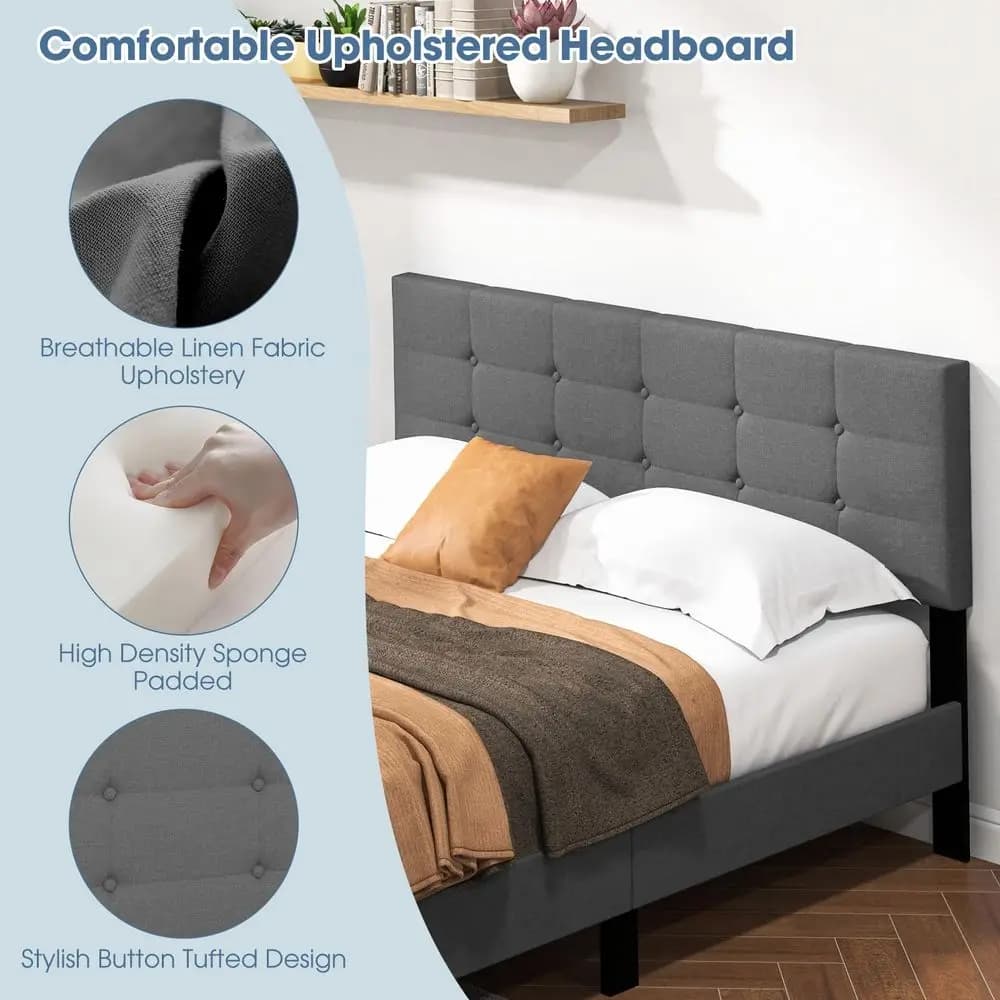 Double bed padded with linen fabric headboard quilted with buttons, base with solid wood slats for mattress support
