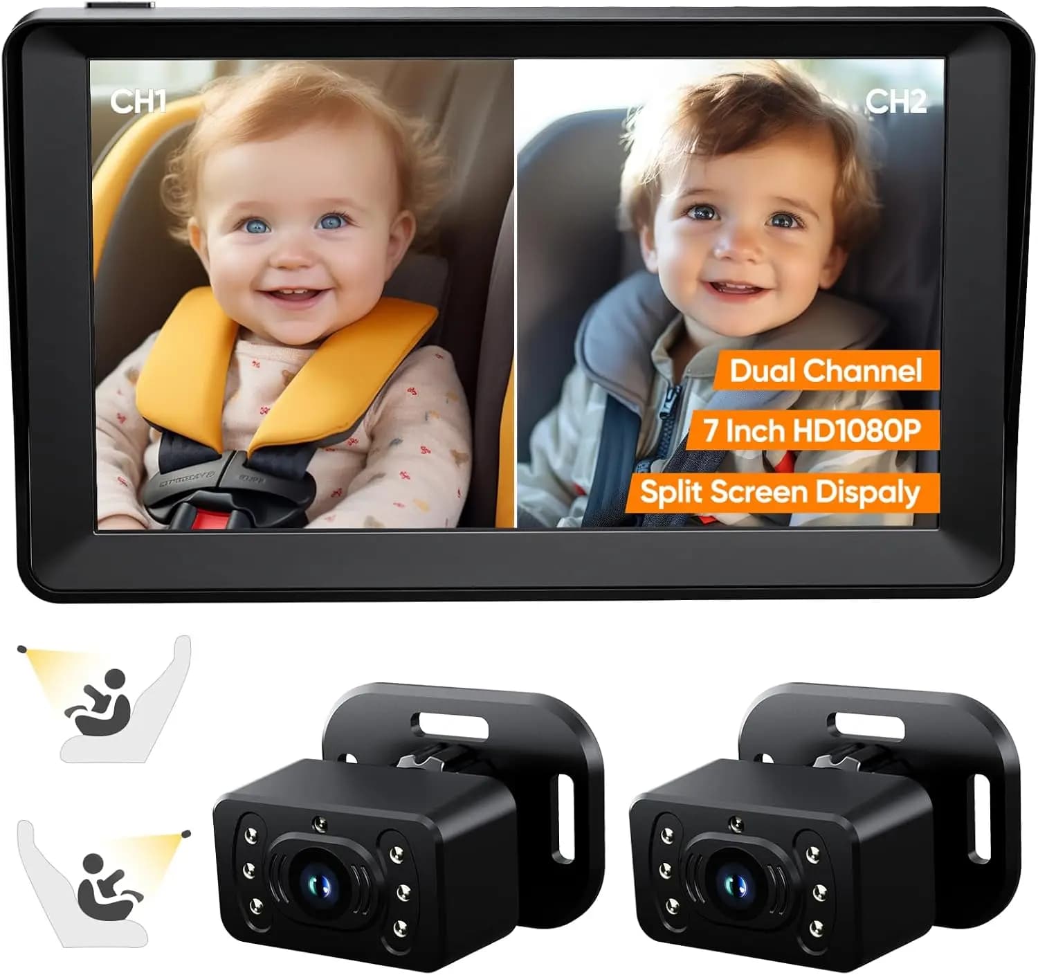 Telecamera per Auto per 2 Bambini - Monitor per Bambini con Schermo Diviso HD1080P da 7 Pollici, Doppia Telecamera per Sedile Posteriore, 150° ° Visione Ampia e Notturna, Facile da Usare