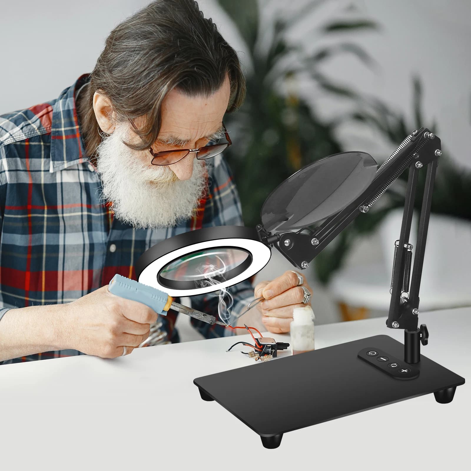 Enlargement lens with light and support 5X magnification lamp with 5 color modes Desk magnifier with swivel arm with dimmable continuous adjustment
