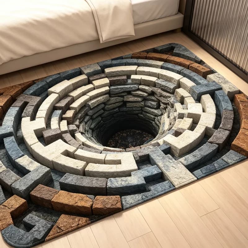 Optical Illusion Stone Vortex Hole Rug Vintage Stacked Brick Abyss Visual Trap Print Modern Bedroom Living Room Floor Mat