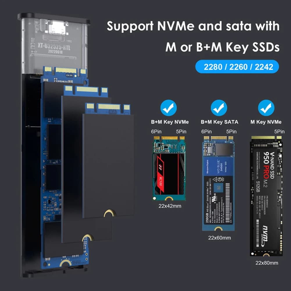 Dual Protocol M.2 NVMe SSD Case 10Gbps External Hard Drive Case Tool Free for 2230/2242/2260/2280 M.2 SSD