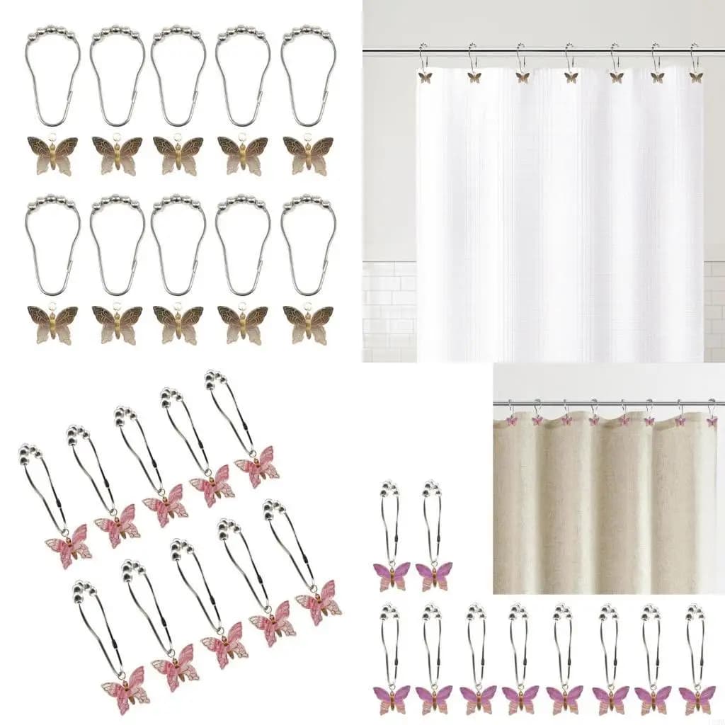 F19B Shower Curtain Hooks 10Pcs Colorful Acrylic Butterfly Pendants Rustproof Metal Rings for Sophisticated Bathroom Look