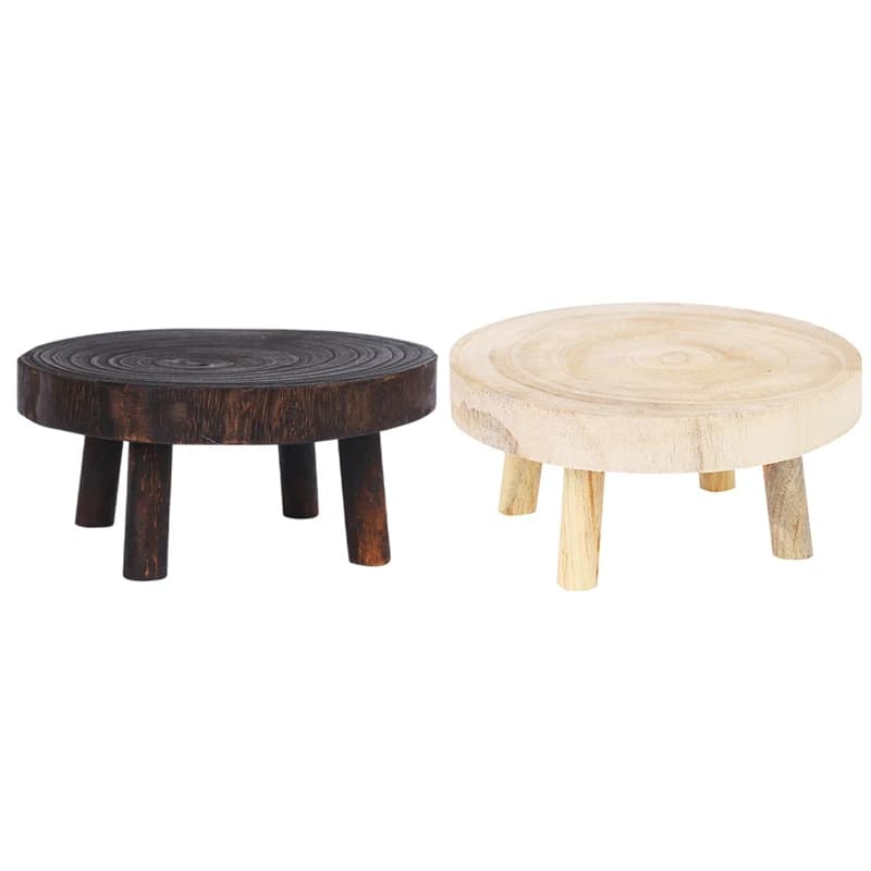 Rustic decorative round pedestal in wood for plants, plant support, pot plant shelf for interior and exterior decorations