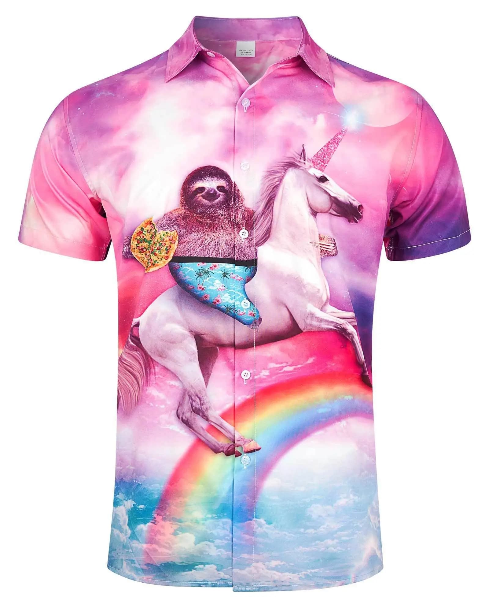 Men's Novelty Short Sleeve Shirt, Sloth Unicorn Rainbow Print Camp Collar Top, Funny Blouse For Party Holiday