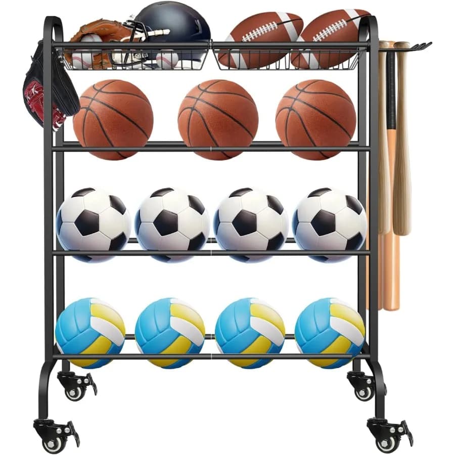 Porta Palloni da Basket con Ruote, Organizzatore in Metallo per Attrezzature Sportive con Cestini