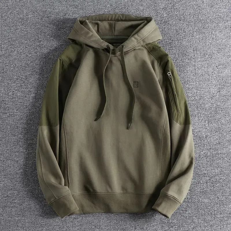 Men's Army Green Patchwork Sleeve Hoodie With Embroidered Logo Side Zipper Casual Pullover Sweatshirt
