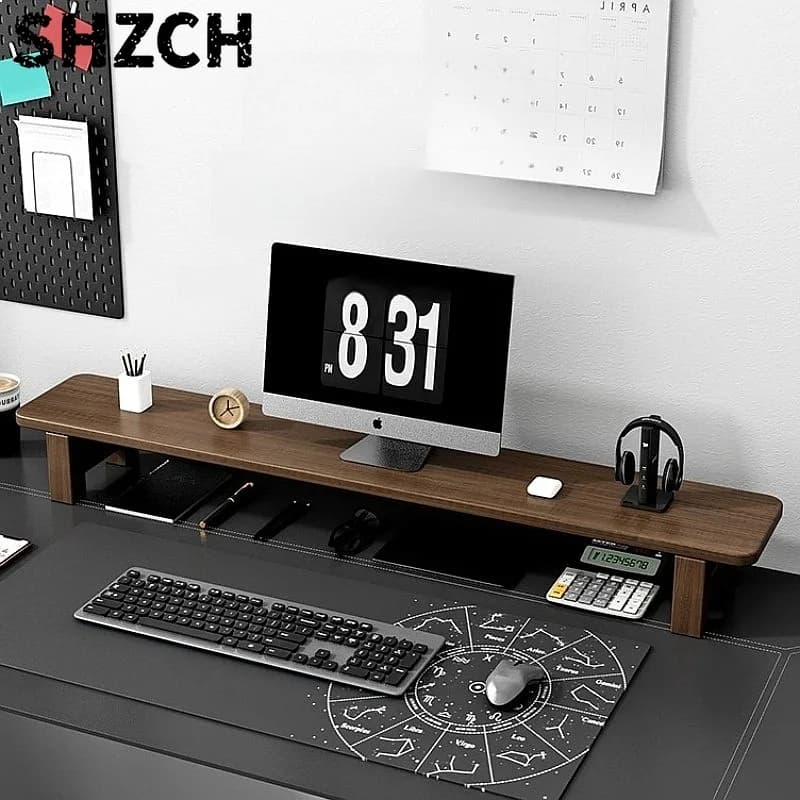 Walnut Monitor Stand Riser Adjustable Solid Wood Desk Organizer with Storage Shelf