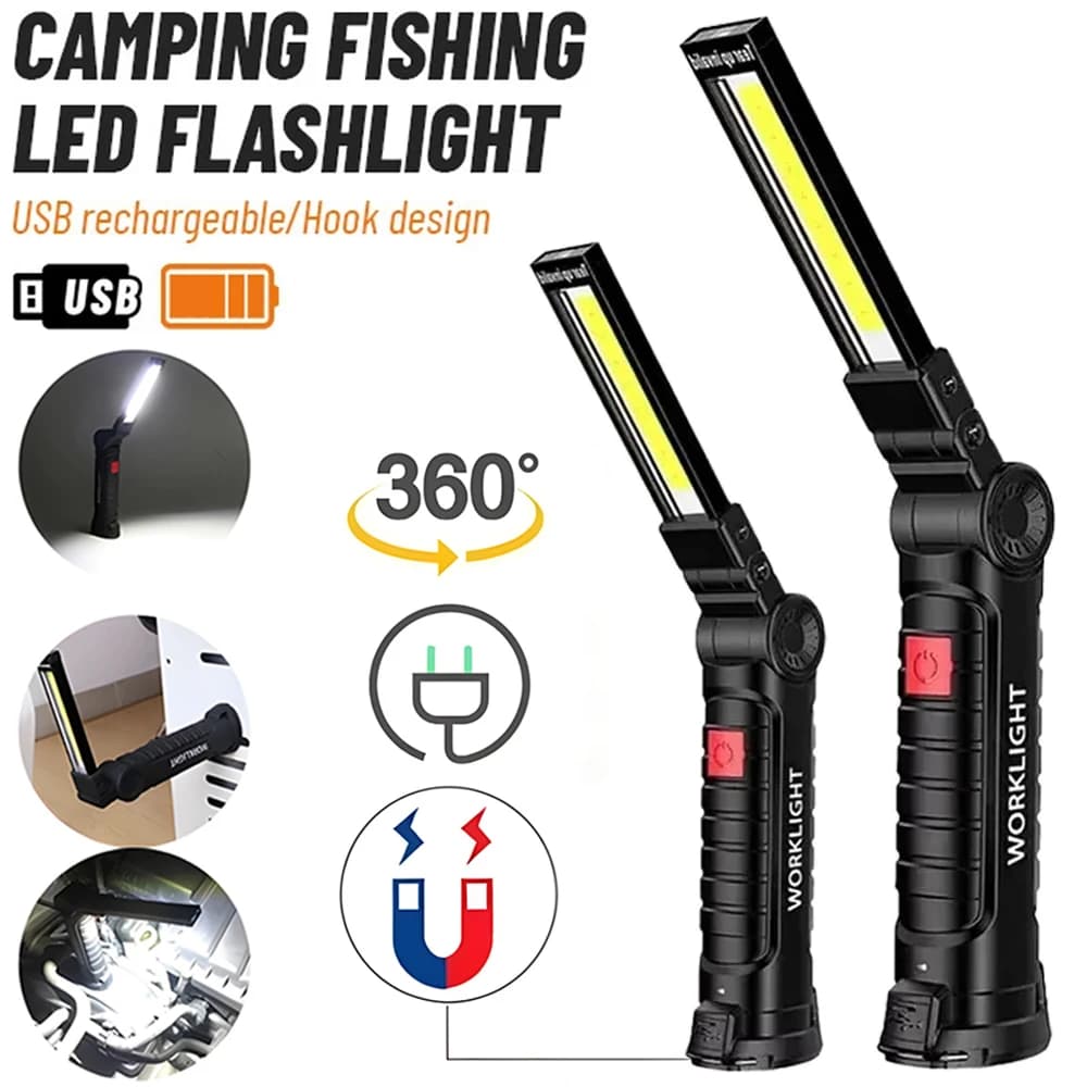 LED COB Flashlight USB Rechargeable Torch Inspection Lamp with Magnetic，Hook 360° Rotatable Light Outdoor Emergency Working Lamp
