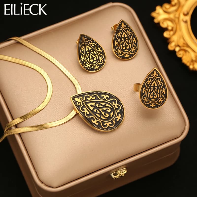 EILIECK Delicate Teardrop Vintage Pattern Necklace Earrings Ring Set 18K PVD Plated Trendy Daily Jewelry for Women Gala Gift