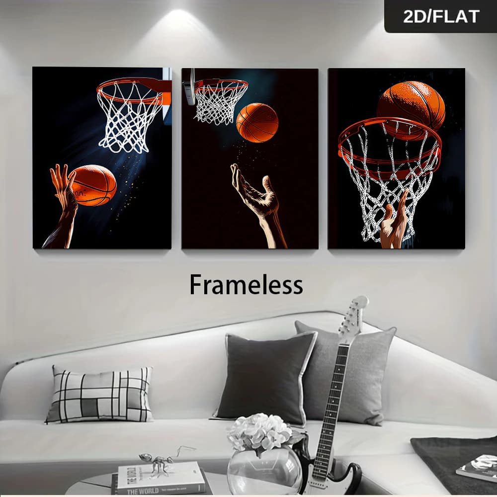 1 Set Modern Basketball Sports triptych frameless Wall Art for Living Room Bedroom Study, Minimalist Sports Theme Mural, 2Dflat