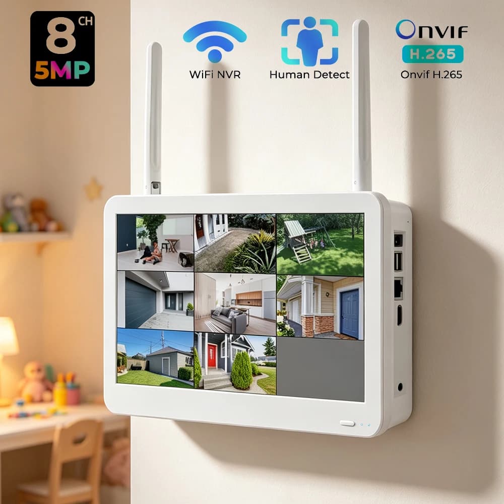 8‑Channel 5MP WiFi NVR Built‑in 12 Inch LCD Monitor H.265 Onvif XMeye Network Video Recorder, Face Detection, 24/7 Recording