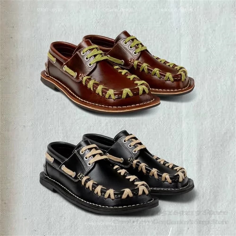 Shoes Derby Leather with Laces and Toe Square for Men, Sole, Style Retro Nautical, Moccasins Casual Cucitis in British Style
