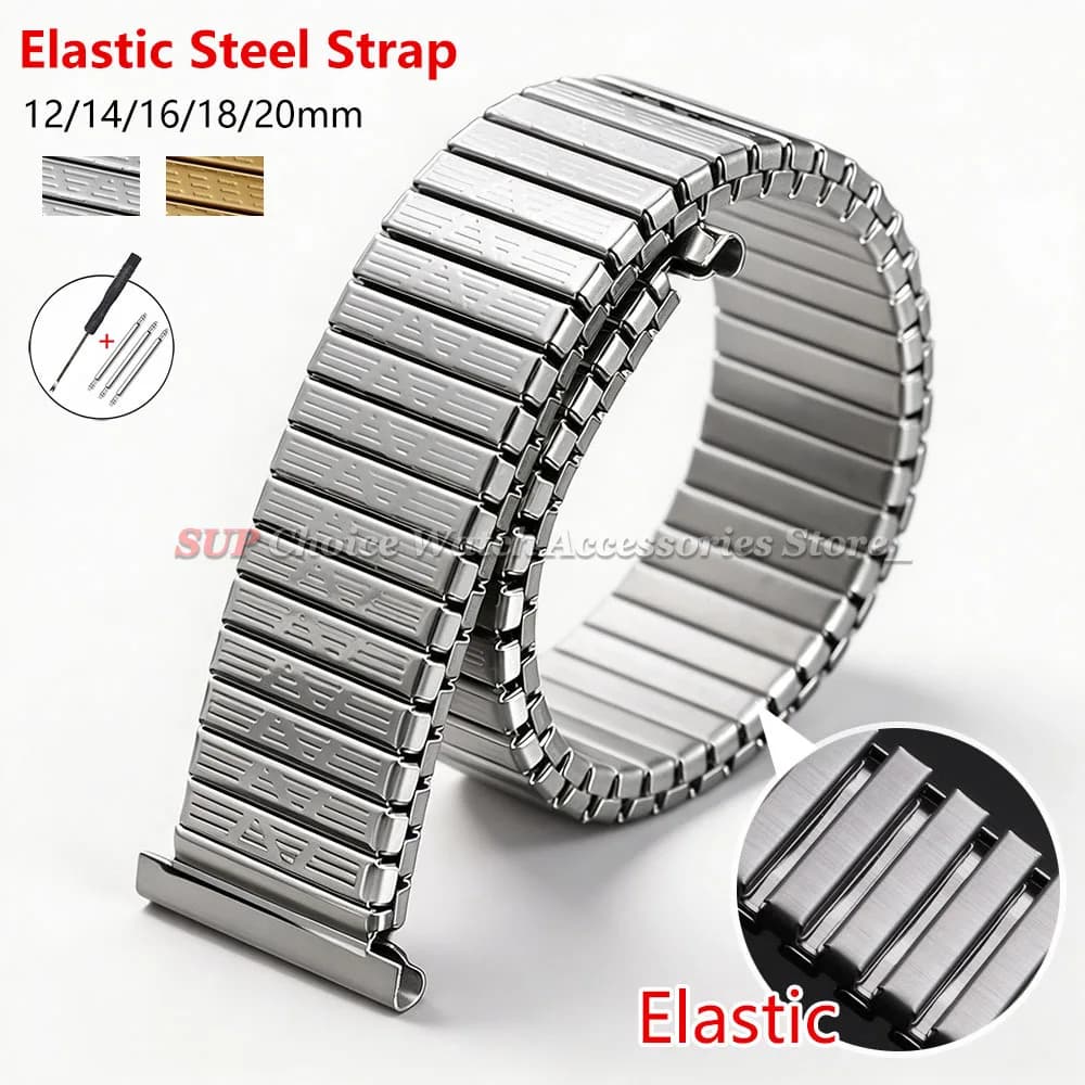 12/14/16/18/20mm Elastic Stainless Steel Watch Band Silver Gold Metal Stretch Expansion Universal Bracelet Men Women Wrist Strap