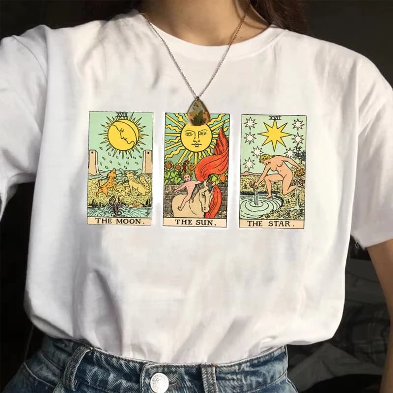 T-shirt Grafica Tarocchi Sole Luna Stella, Stile Vintage, Moda Donna, Estetica Carina, Casual, Stampa Hipster, Maglietta da Strega