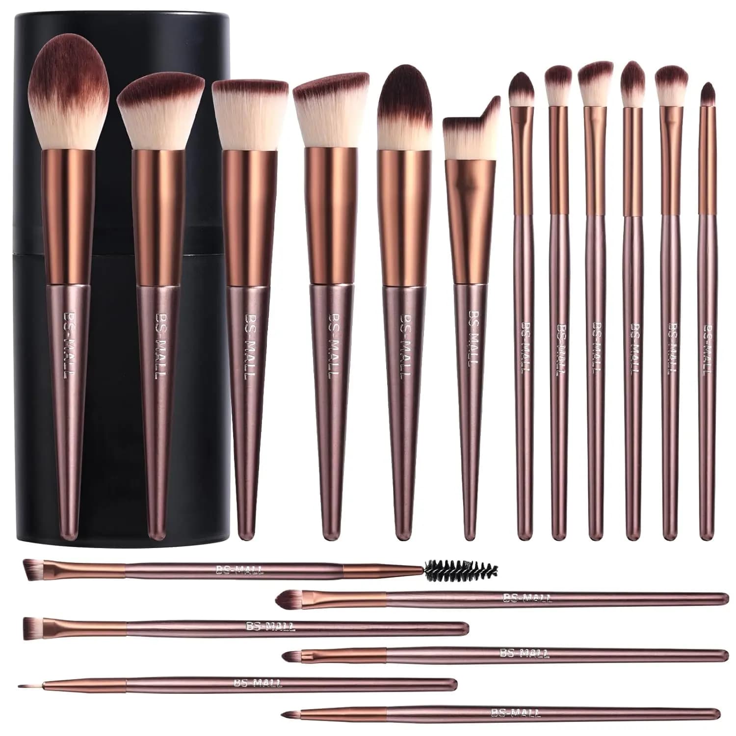 Set di pennelli trucco BS-MALL 18 pezzi, pennelli sintetici premium per fondotinta, cipria, correttori, ombretti, fard, con custodia nera (B-Marrone)