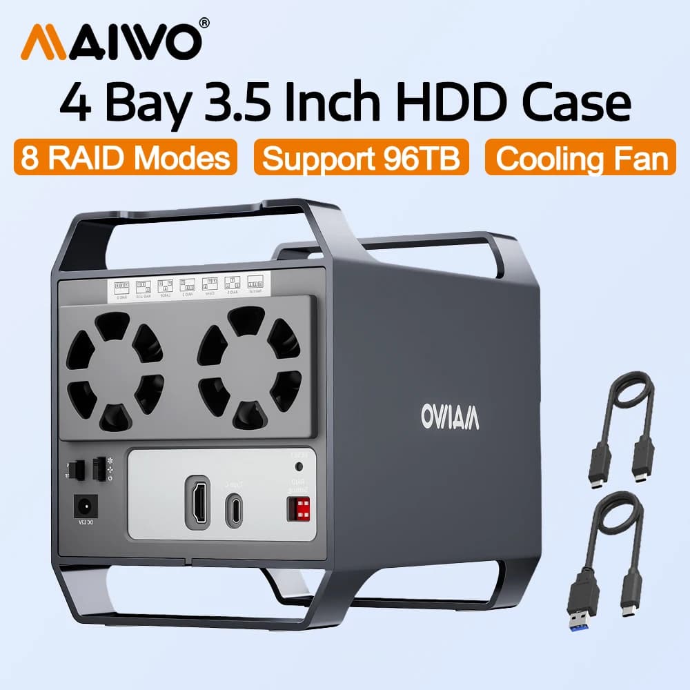 MAIWO Case per 4 Dischi Rigidi da 3,5 Pollici, Enclosure Esterno per HDD con Ventola di Raffreddamento, Supporta 8 RAID Normali 0 3 5 1/10 Clone 96TB