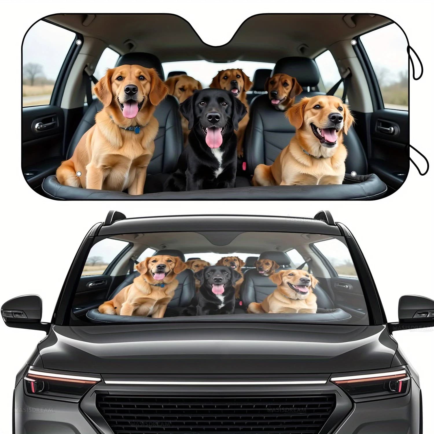 Parabrezza parasole pieghevole da 1 pezzo con sei cani seduti in un'auto Stampa e accessori gratuiti da 4 ventose gratuite protette dai raggi UV