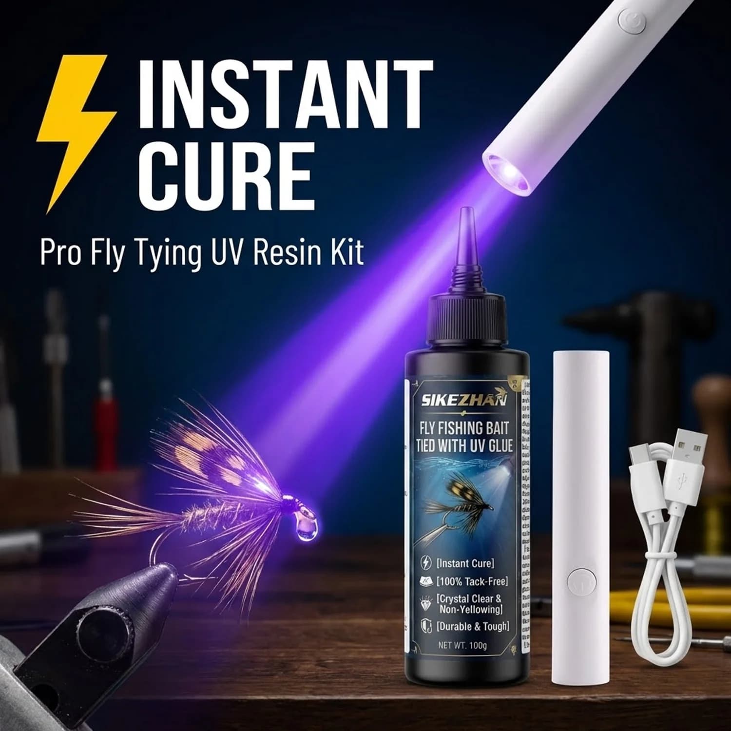 Kit Resina UV Professionale per Costruzione Mosche Artificiali 100g & Lampada UV USB, Colla Cristallina Senza Residui a Polimerizzazione Istantanea per Creazione Esche da Pesca Fai-da-Te
