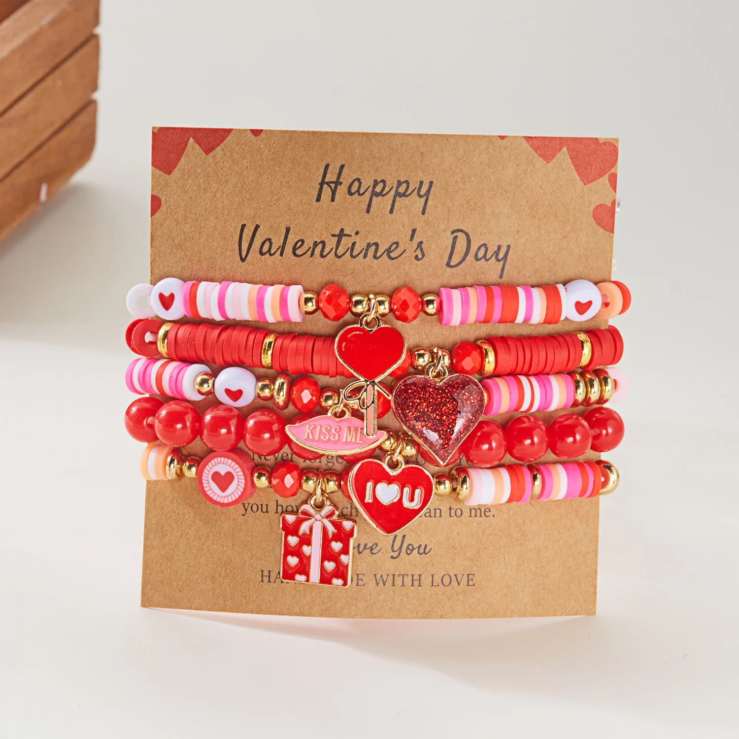 Set di 5 Braccialetti in Argilla Polimerica a Forma di Cuore Rosso per Donne, Placcati in Oro, Impilabili con Charm, Gioielli per San Valentino