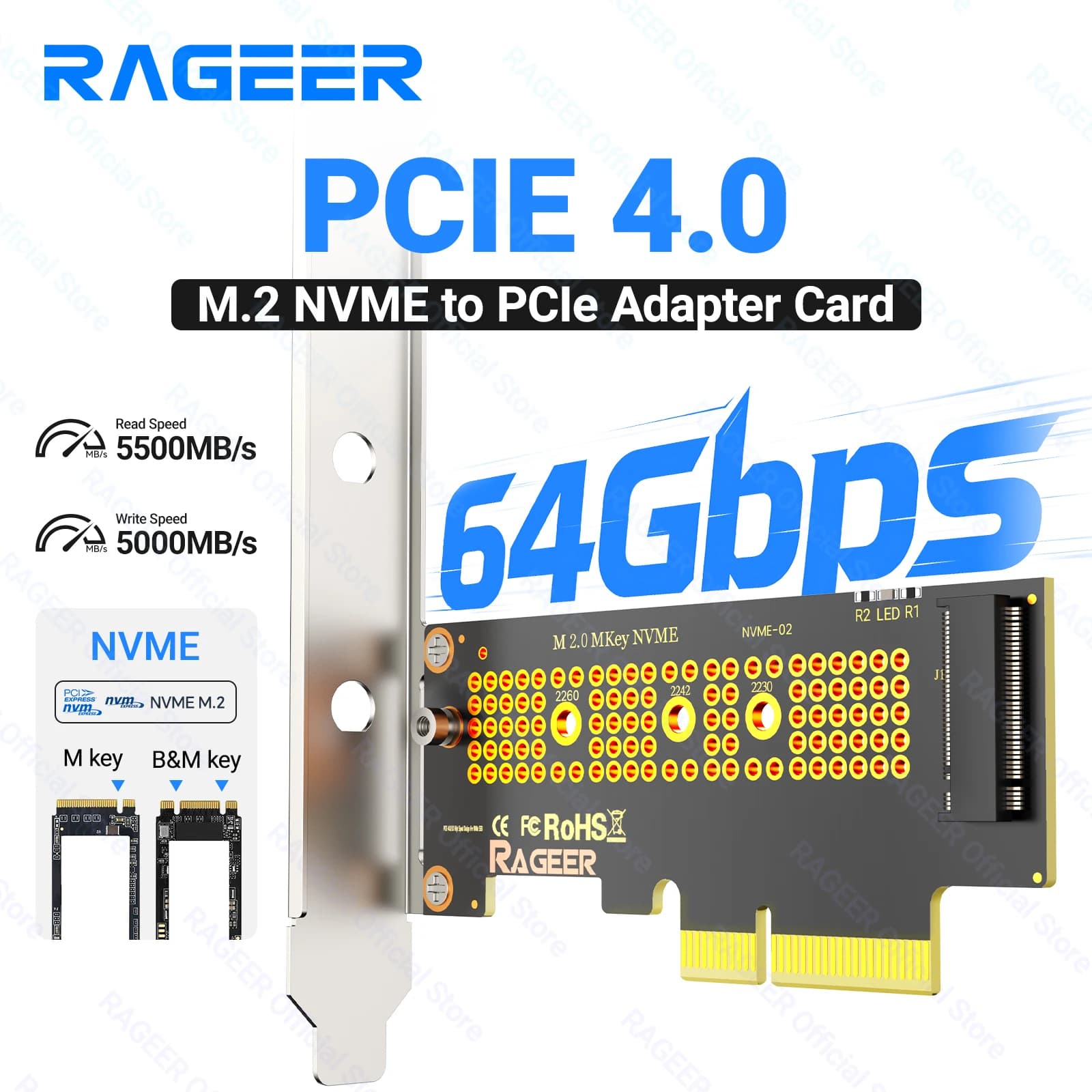 RAGEER M.2 NVMe SSD to PCIe Expansion Card for 2280/60/42/30 SSD Optional X1/X4 version Adapter Card with Metal Bracket for PC