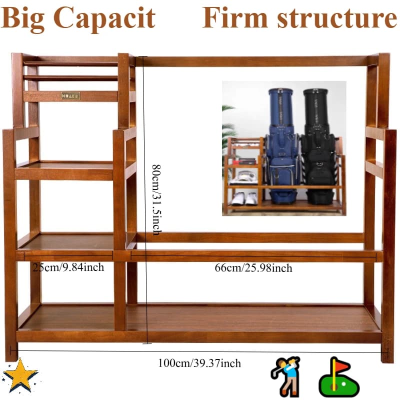 Espositore per attrezzature con supporto per borsa per palline multifunzionale per riporre oggetti in legno massello da golf