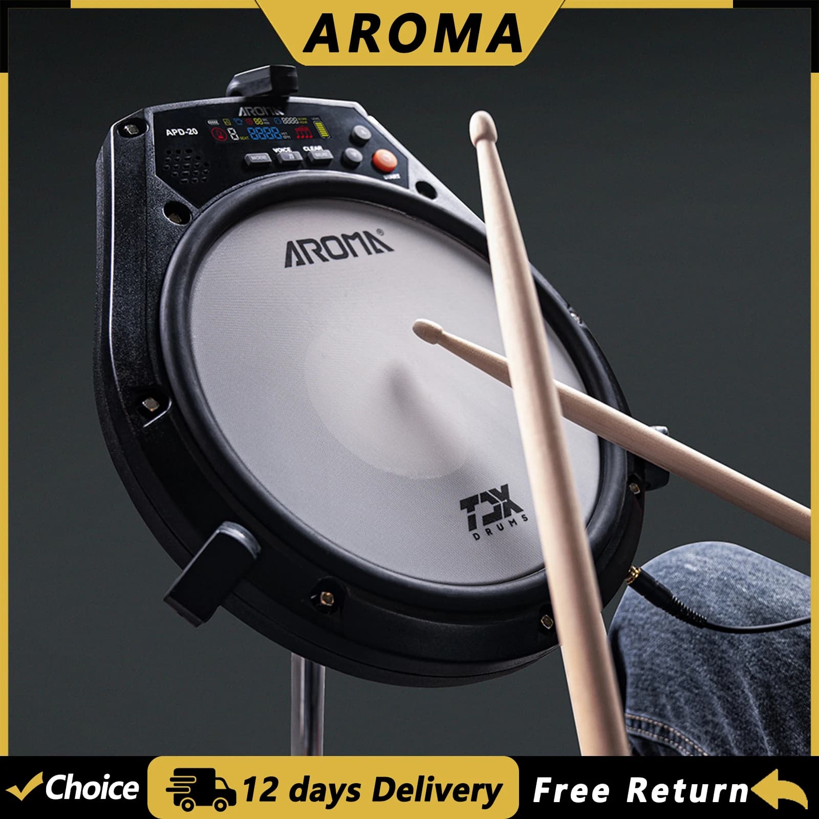 AROMA Pad per Batteria Elettronica da 8 Pollici, Ricaricabile, Multifunzione, Strumento a Percussione Digitale con Metronomo