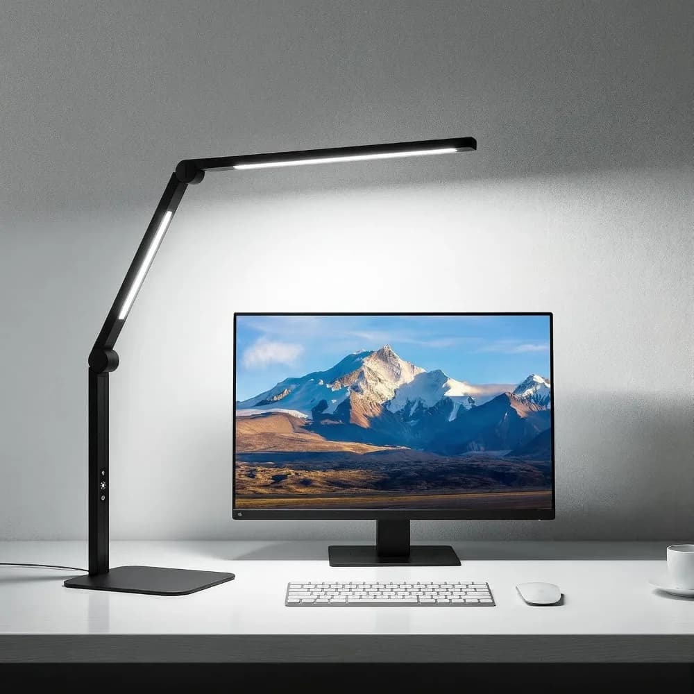 Dimmable LED Desk Lamp with Base for Home Office, Eye Care, Adjustable Swing Arm Dual-Light for Computer, Reading, Study