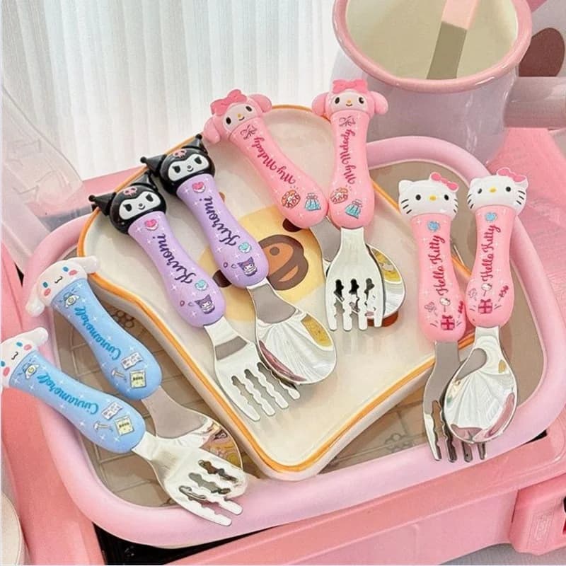 Kawai Sanrio cartoon Hello kittykuromiMy melodyCinnamoroll simpatico cucchiaio forchetta set da due pezzi cucchiaio da tavola in acciaio inossidabile 304 nuovo