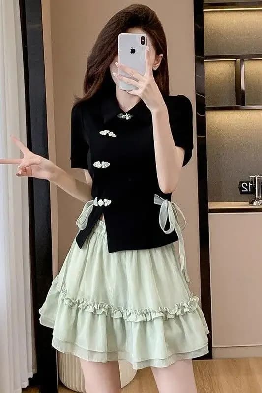 Abito modificato Qipao in stile cinese per donna Abito estivo dolce e snellente con bottoni annodati e gonna a trapezio