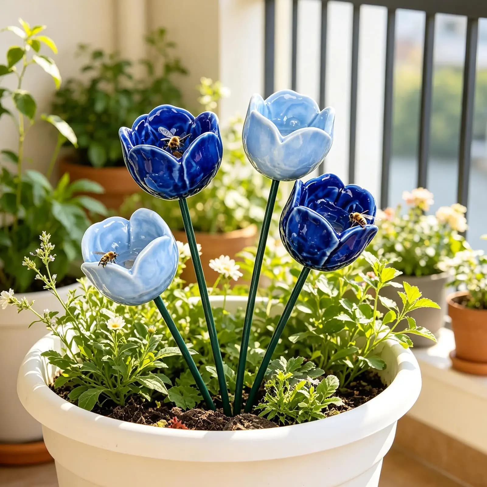 4pcs Garden Flower Shaped Bee Watering Station Ceramic Flower Stake Bird Bath Butterfly Water Feeder Outside Bird Bath Bowl