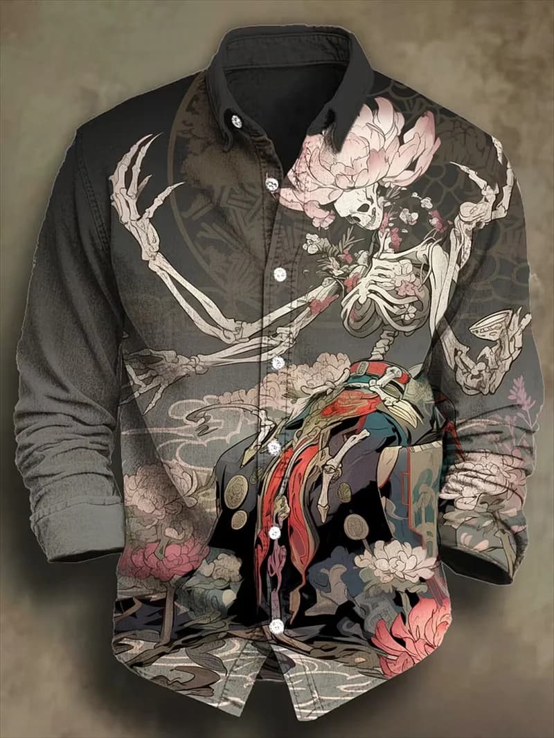 New Watercolor Flower and Bird Full Print Long Sleeve Shirt Texture Men's Travel Casual Long Sleeve Top
