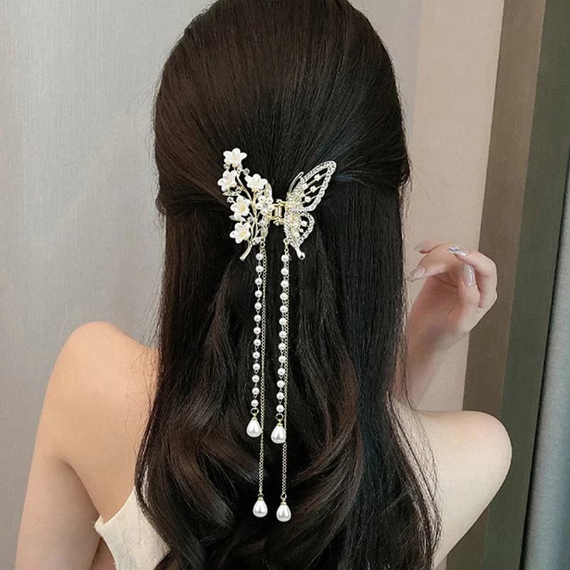 Festive Red Floral Pearl Tassel Butterfly Hair Claw Clip Non Slip Ponytail Holder Hair Accessories for Women Girls