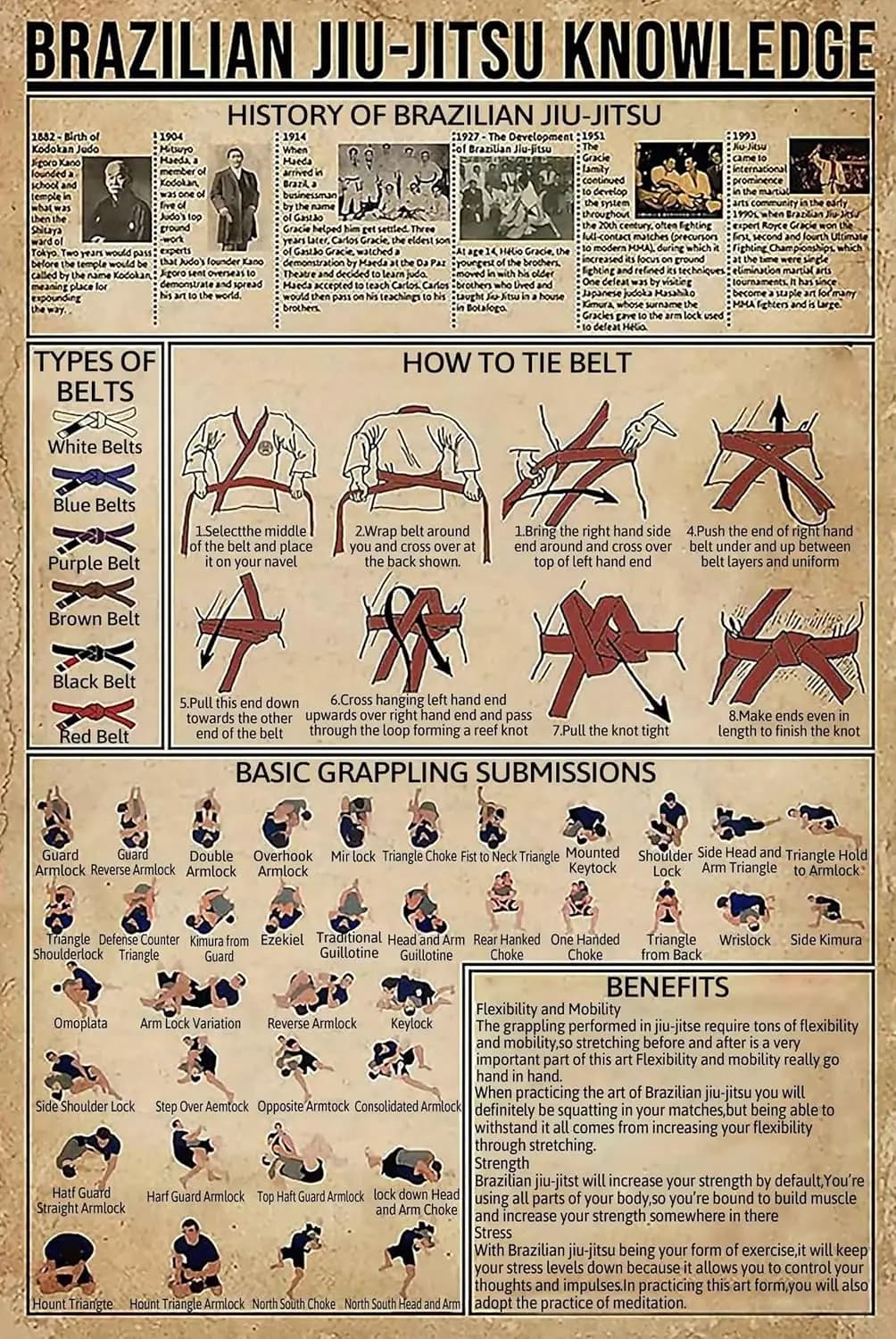 Brazilian Jiu-Jitsu Knowledge Metal Tin Sign How To Tie Belt Chart Wallart Artwork Poster Farm School Office People Cave B sign