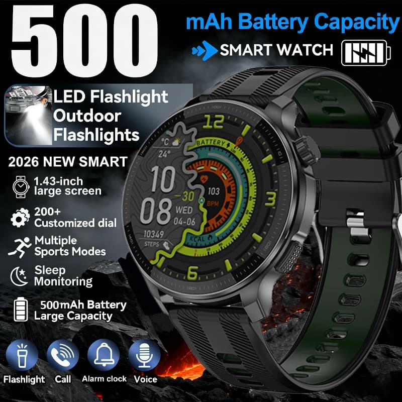 Nuovo Smartwatch Sportivo da Esterno 2026 per Uomo, GPS, Batteria 500mAh, Chiamate HD, Schermo AMOLED da 1,43 Pollici, Bussola, Impermeabile 3ATM