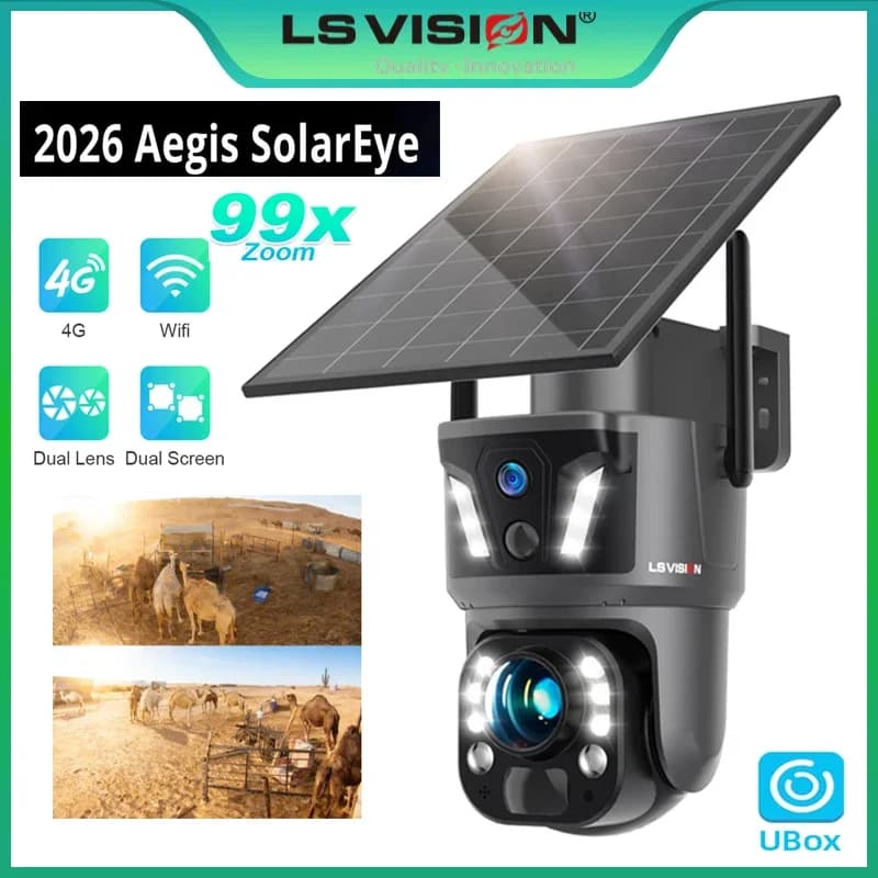 Telecamera PTZ Solare LS VISION 8MP a 3 Lenti con Doppio Schermo, Zoom 99X, Batteria 10400mAh, Rilevamento Umano AI PIR, Tracciamento Automatico, CCTV, IP66
