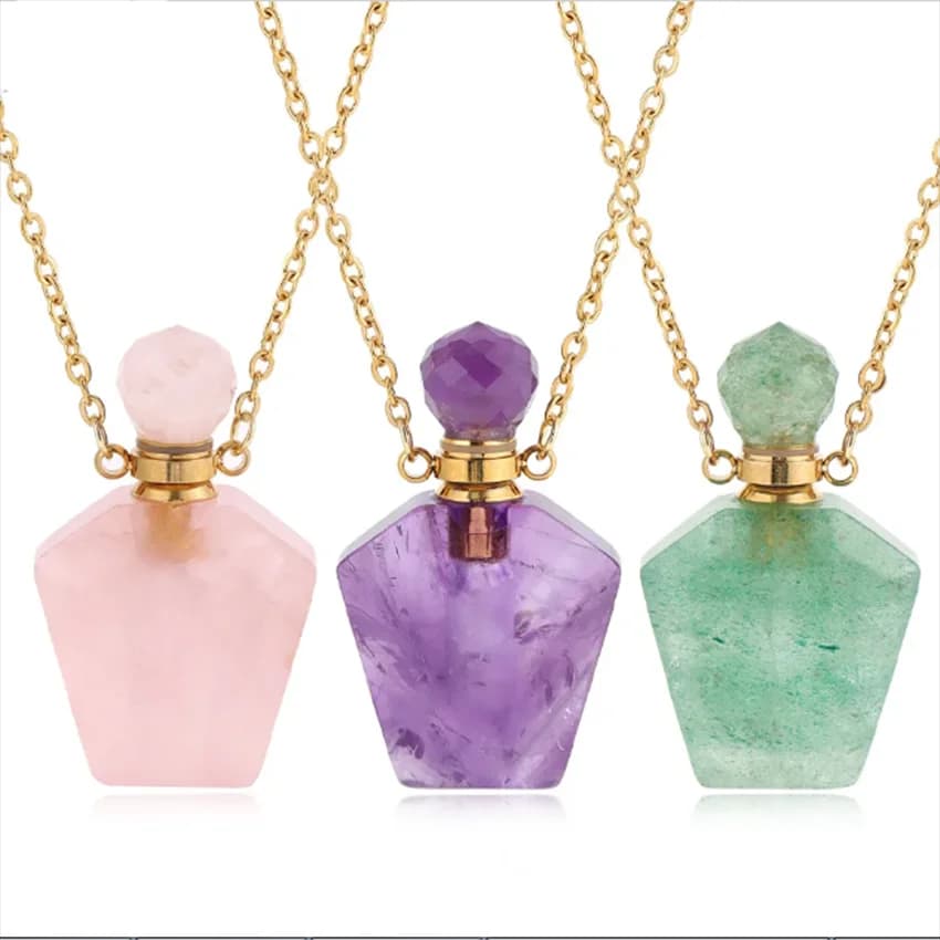 Collana con diffusore con pendente per bottiglia di profumo in pietra di cristallo naturale, unisex, ametista, quarzo rosa, agata, porta olio essenziale
